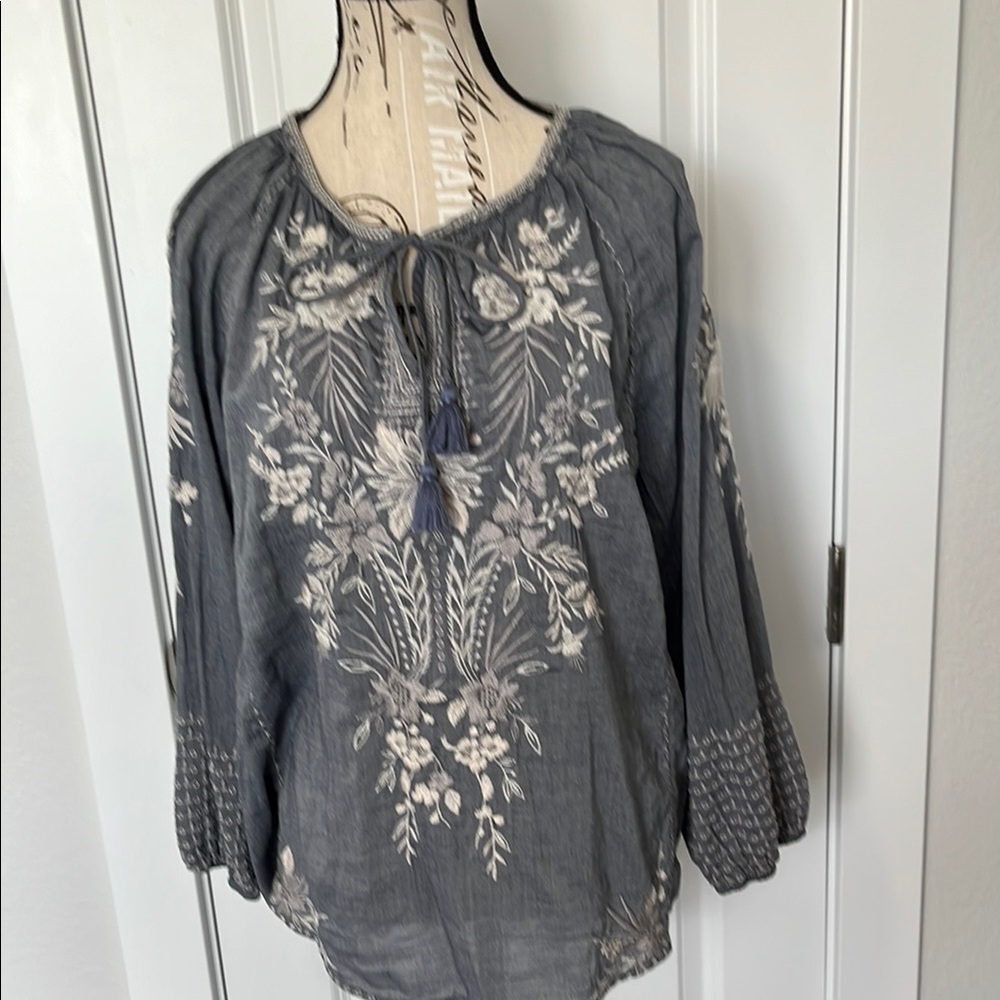 Johnny Was Gray Embellished Peasant Blouse